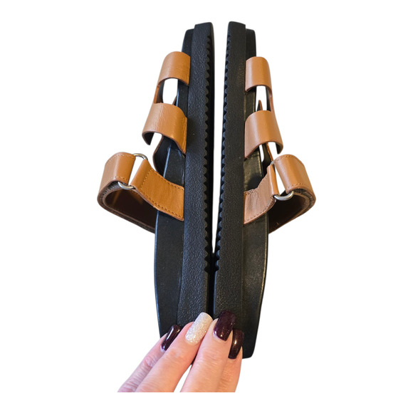 Steve Madden Mayven Leather Sandals Womens Size 8M Cognac Black Slide - Picture 10 of 11